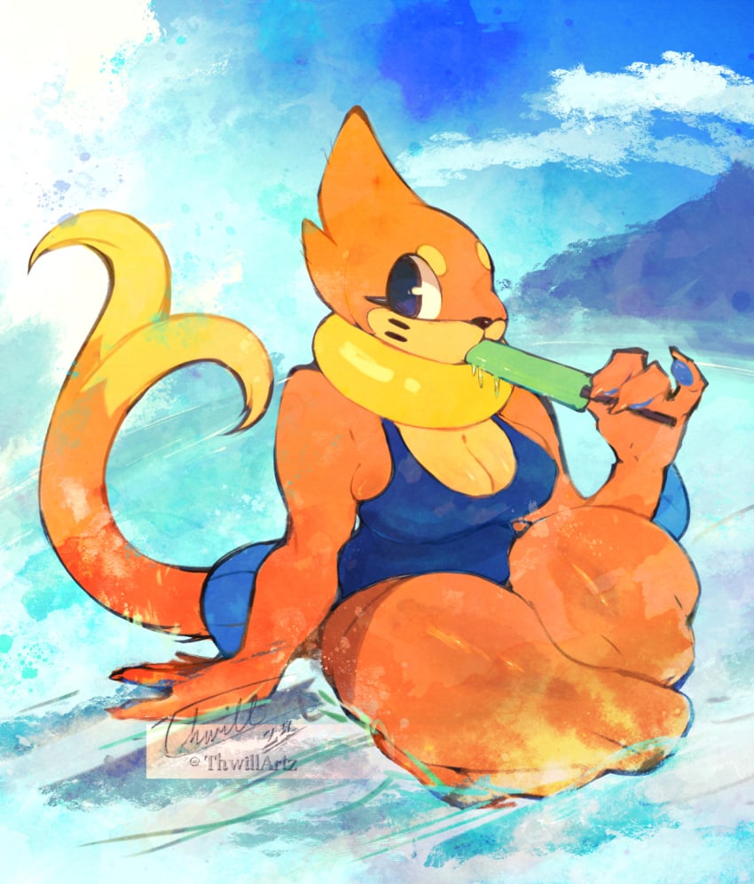 anthro anthro_only beans big_thighs breasts buizel female furry furry_female furry_only nintendo pokemon pokemon_(species) popsicle solo_female swimsuit thwillartz