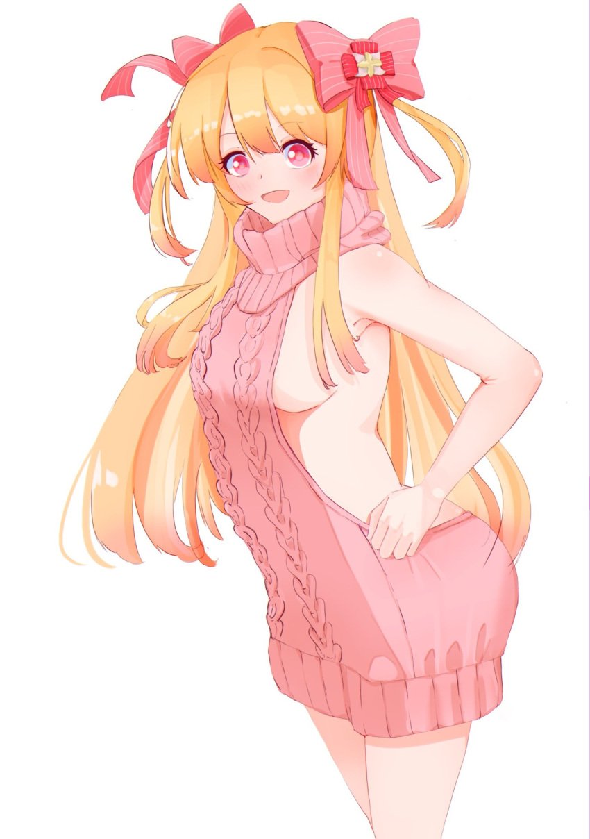 aged_up alternate_costume blonde_hair blush breasts chaos_marie_(grimms_notes) female grimms_notes highres long_hair medium_breasts meme_attire nagyo_9674 pink_eyes pink_sweater sideboob simple_background smile solo sweater virgin_killer_sweater white_background