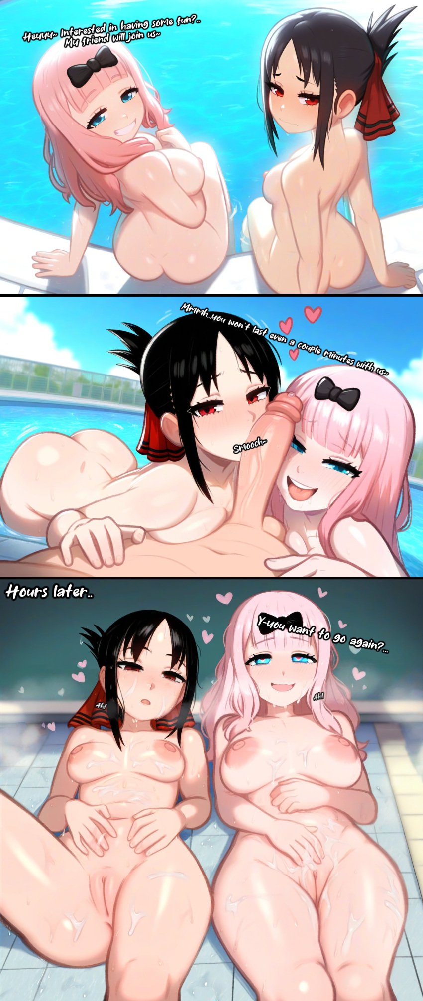 1boy 2girls ai_generated ass big_breasts breasts cum cum_on_body english_text female female_focus fluffylewdsai fujiwara_chika kaguya-sama_wa_kokurasetai_~tensai-tachi_no_renai_zunousen~ large_breasts light-skinned_female light_skin looking_at_viewer medium_breasts nude nude_female penis pussy shinomiya_kaguya text thighs