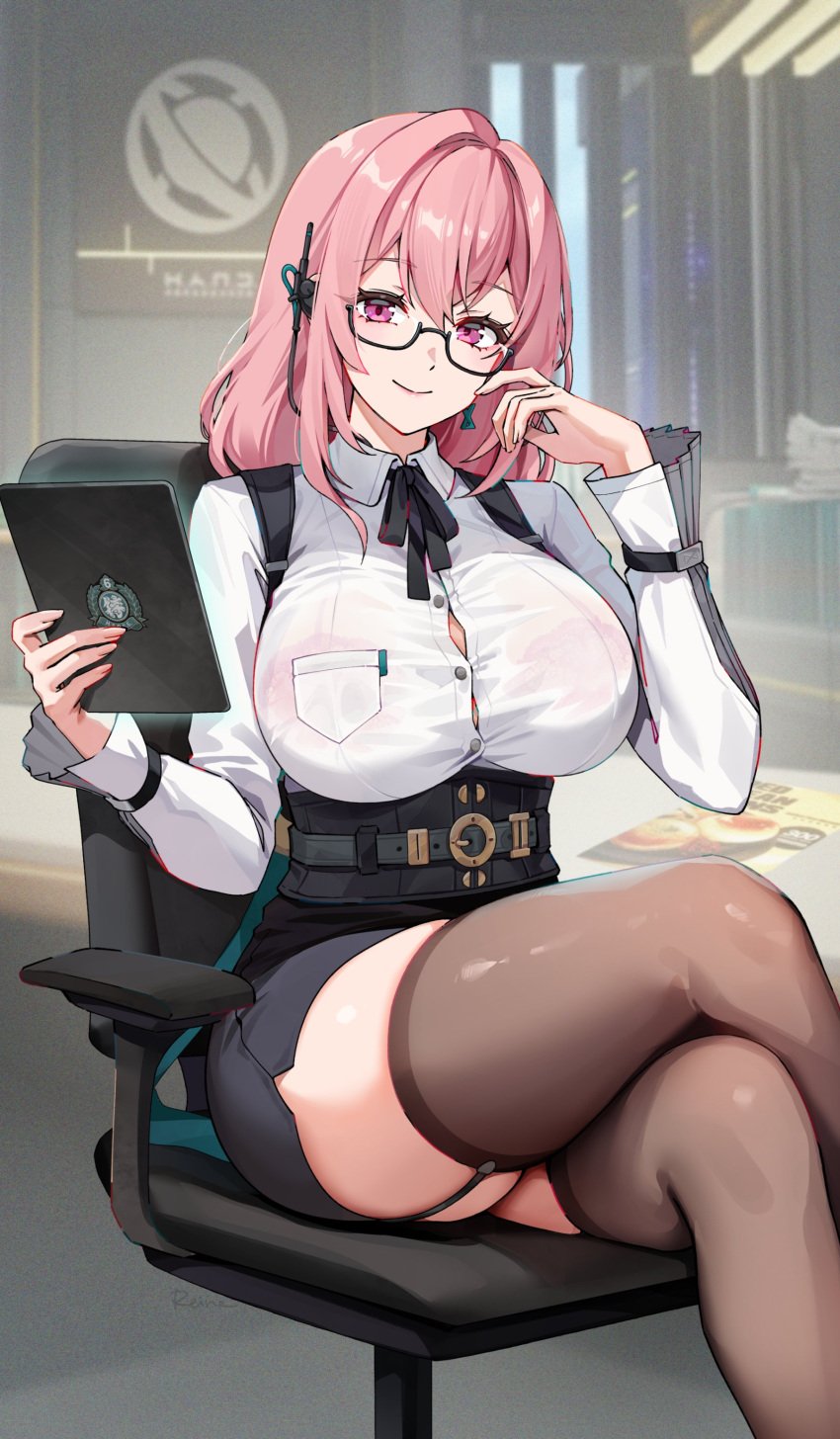 1girls breasts clothed female foxyrain_(foxyreine) foxyreine glasses hoyoverse large_breasts light-skinned_female light_skin long_hair office_lady pink_hair thick_thighs tsukishiro_yanagi zenless_zone_zero