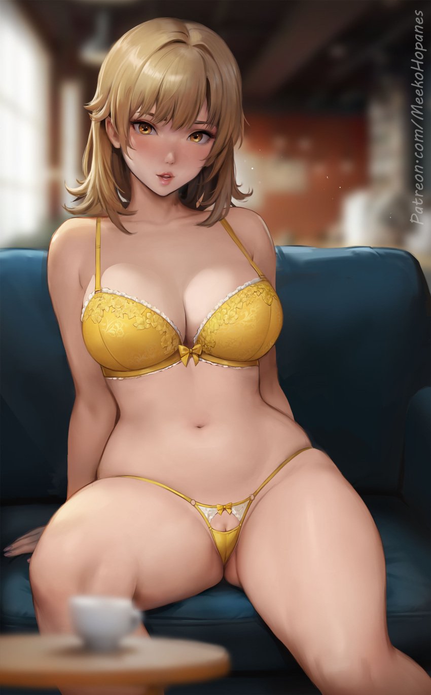 absurdres blurry bra breasts brown_eyes brown_hair cameltoe cleavage cup depth_of_field female highres indoors isshiki_iroha kneehighs large_breasts lips medium_hair meekohopanes navel open_mouth panties patreon_username pink_nails pussy pussy_peek sitting socks solo stool teacup thighs underwear underwear_only variant_set yahari_ore_no_seishun_lovecome_wa_machigatteiru. yellow_bra yellow_panties