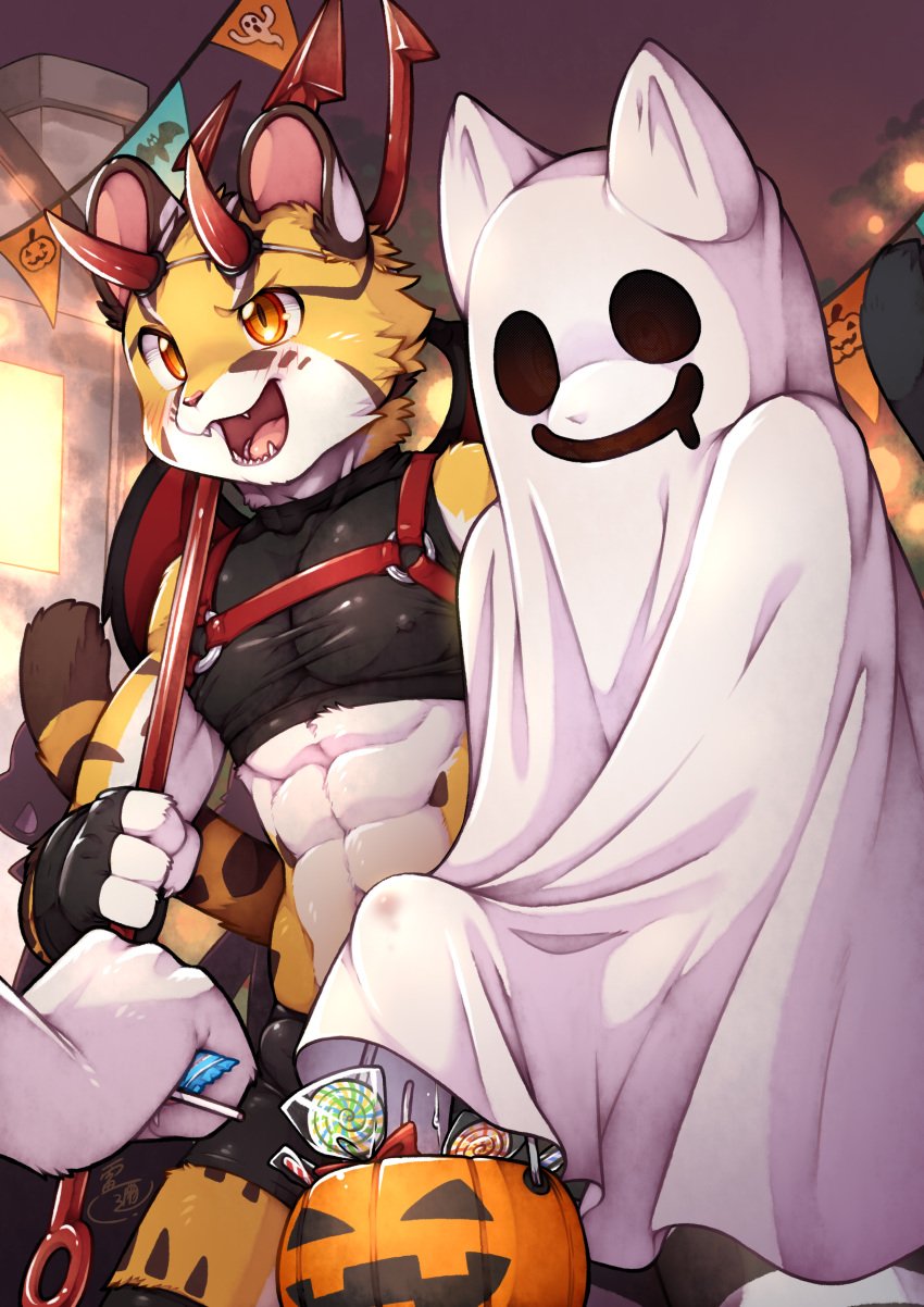 4_fingers absurd_res anthro asamu_(unrealplace) bedsheet_ghost candy clothed clothing costume countershade_face countershade_fur countershading dessert erection fangs felid feline fingers food fur group halloween halloween_costume hi_res holidays kemono leopard_cat lollipop male mammal open_mouth open_smile prionailurus raier_(unrealplace) smile teeth unrealplace yellow_body yellow_fur