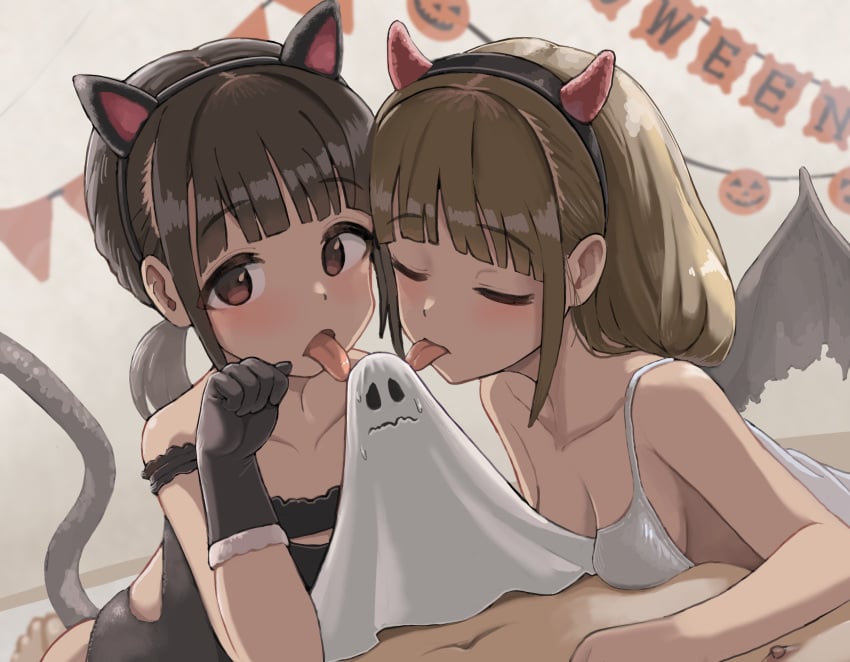 1boy 2girls animal_ears bare_arms bare_shoulders black_gloves black_hairband black_wings blunt_bangs breasts brown_eyes brown_hair cat_ears cat_tail closed_eyes collarbone cooperative_fellatio erection_under_towel fake_animal_ears fellatio ghost_costume gloves hairband halloween hand_up highres horn_hairband horns licking light_blush looking_at_viewer medium_hair multiple_girls open_mouth oral original paw_pose pov pov_crotch red_horns sidelocks small_breasts straight susu_(ysy) tail tail_raised tongue tongue_out wavy_mouth wings