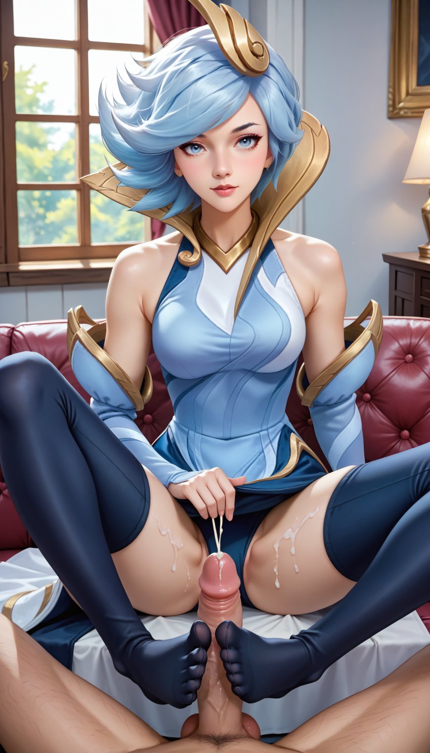 1boy 1girls ai_generated cum cum_on_thighs dress elementalist_lux elementalist_lux_air footjob league_of_legends luxanna_crownguard panties riot_games straight thighhighs