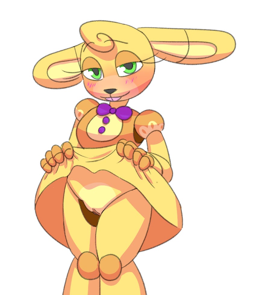 animatronic blush bow_tie clothing clothing_lift fan_character female five_nights_at_freddy's flashing green_eyes looking_at_viewer machine pussy rabbit robot simple_background skirt skirt_lift solo spring_bonnie spring_bonnie_(fnaf) standing unnecessaryfansmut