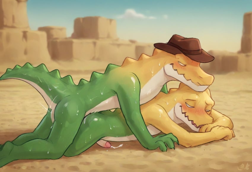 2boys amazing anthro ass background blush body cowboy crocodile crocodilian cum desert ejaculation environment erection expression eyes gay green gummigoo_(the_amazing_digital_circus) hat hot in look looking male male/male mouth muscular nude only open pecs penetrated penetration penis pussy reptile scalie sex smiling smirking tired toned viewer white