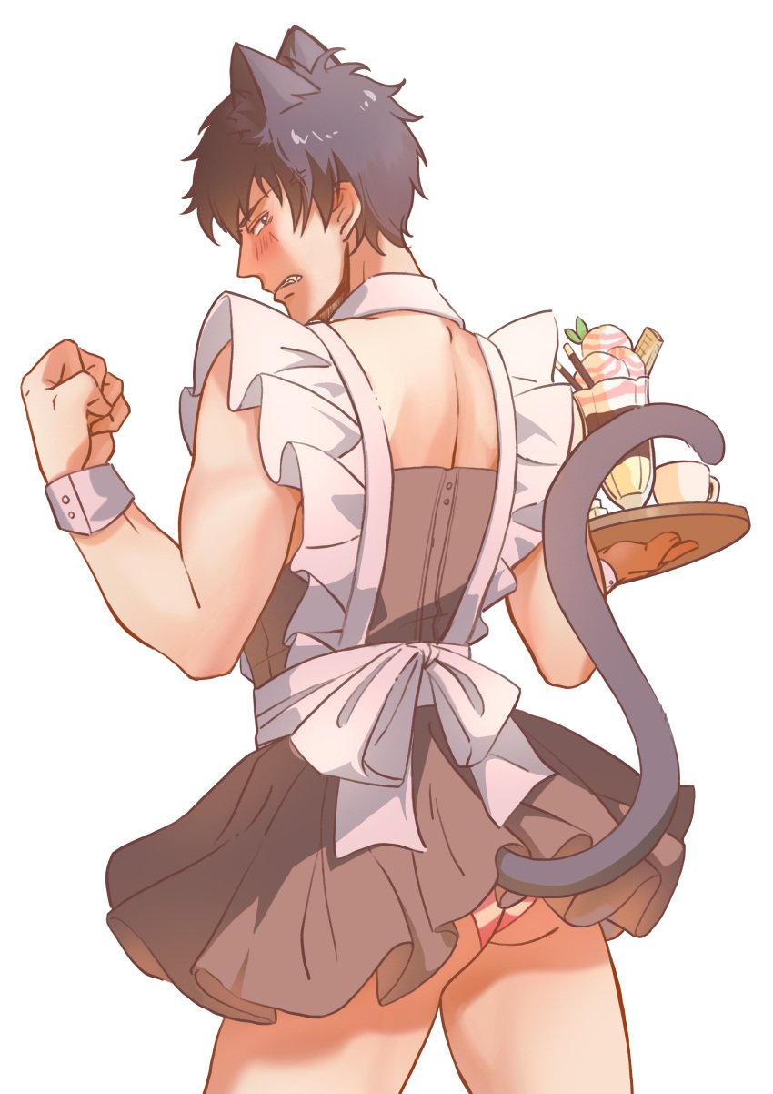 anger_vein annoyed apron black_hair blush cat_ears cat_tail catboy clenched_teeth crossdressing embarrassed gintama hijikata_toshiro kemonomimi looking_at_viewer looking_back maid maid_uniform male male_only manly_crossdresser panties parfait solo striped_panties tray upskirt wrist_cuffs