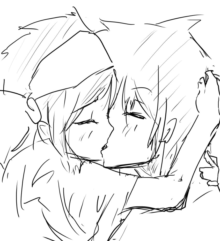 1boy 1girls ainu_clothes arms_around_neck blush closed_eyes french_kiss from_side hair_ribbon hand_on_another's_head highres hisame_shizumaru hug japanese_clothes kissing monochrome ribbon rimururu romantic samurai_shodown shizumaru_hisame sketch snk tongue tongue_out wholesome