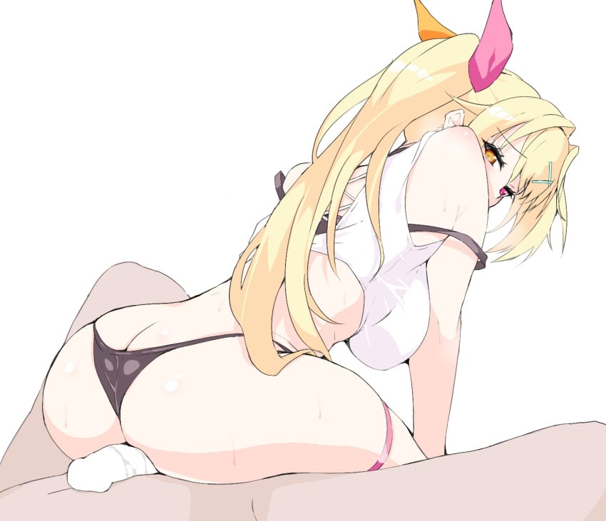 1boy ass blonde_hair breasts censored commentary_request cowgirl_position female hair_ornament hair_ribbon heterochromia highres hoshikawa_sara hoshikawa_sara_(1st_costume) large_breasts looking_back nijisanji ohako partial_commentary penis red_eyes reverse_cowgirl_position ribbon shirt simple_background solo_focus straddling straight sweat thigh_strap tied_shirt virtual_youtuber white_background white_shirt x_hair_ornament yellow_eyes