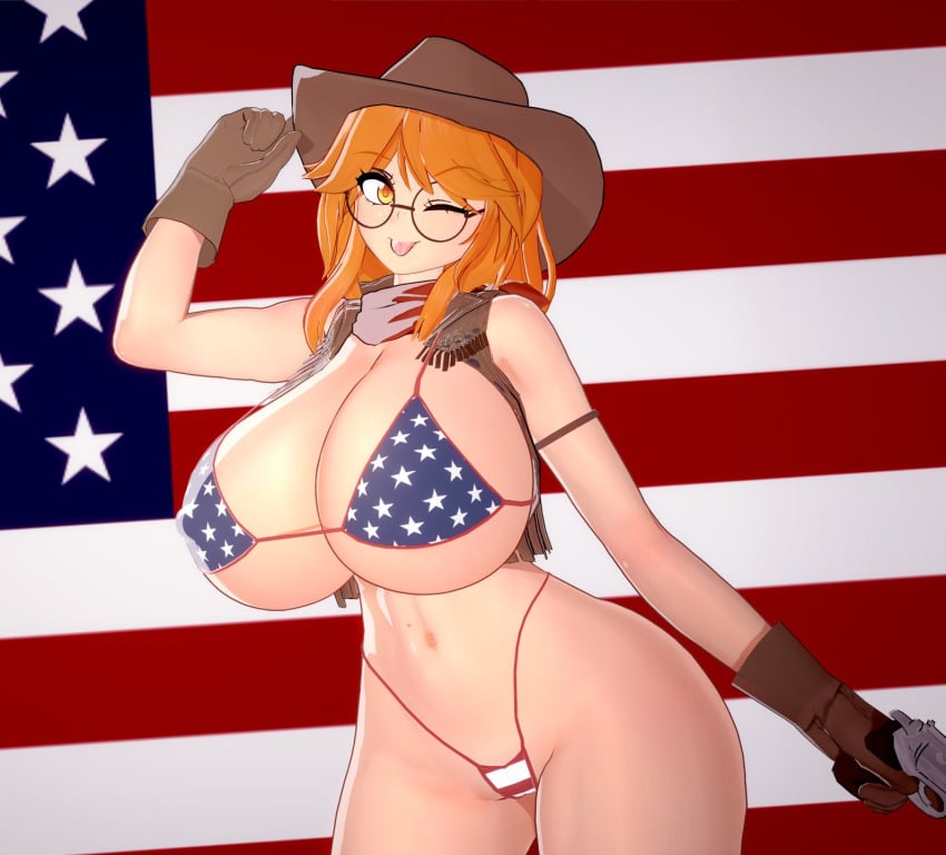 3d_model 4th_of_july american_flag american_flag_bikini big_breasts bikini clothing cowboy_hat eyewear female firearm glasses gloves gun handgun handwear headwear huge_breasts human koikatsu lina_(scratch-key) orange_eyes orange_hair original original_character pale_skin revolver scratch-key swimwear tongue_out weapon