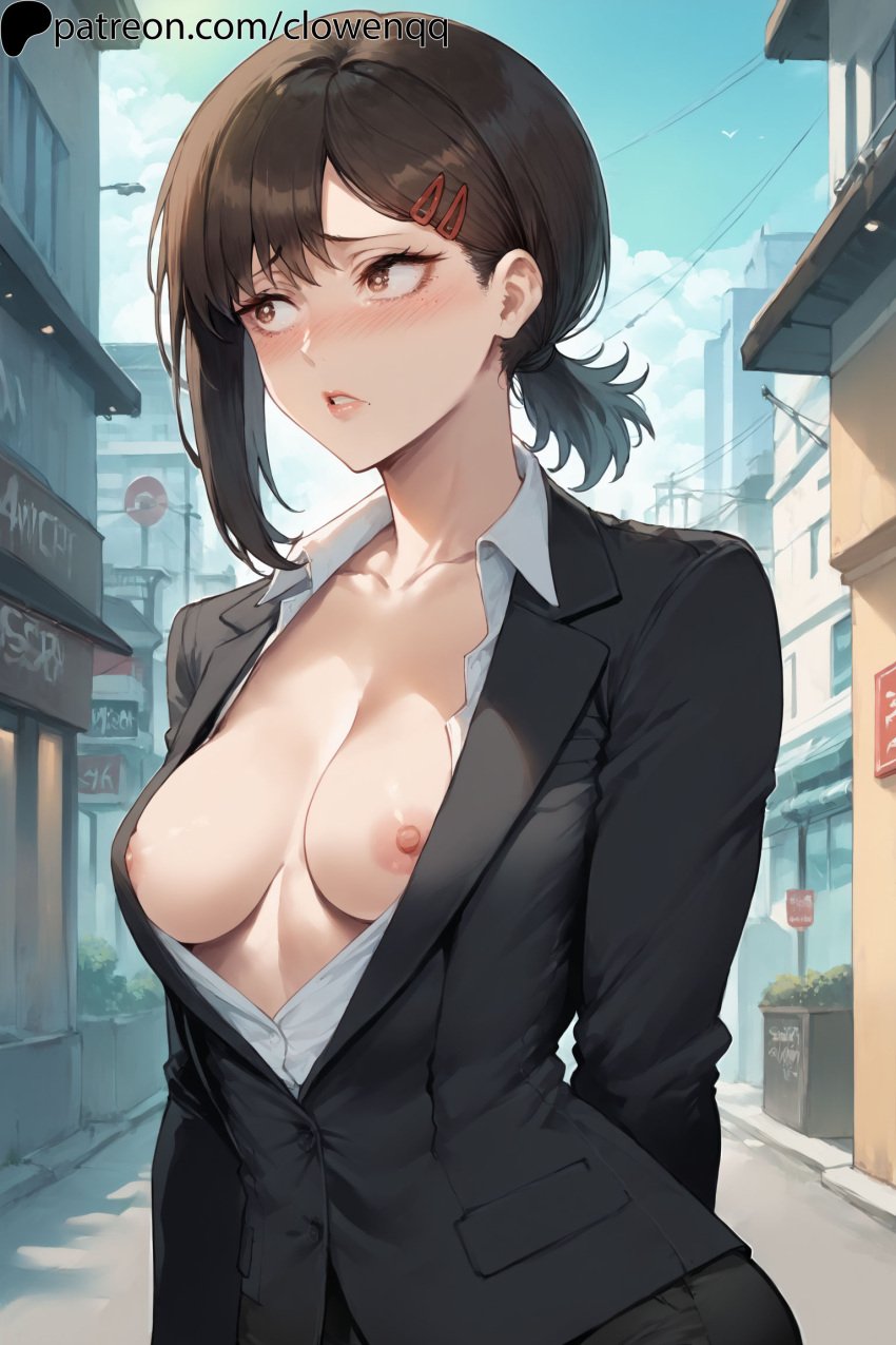 1girls ai_generated blush breasts brown_eyes brown_hair chainsaw_man clowenqq exposed_breasts female higashiyama_kobeni looking_away nipples solo suit