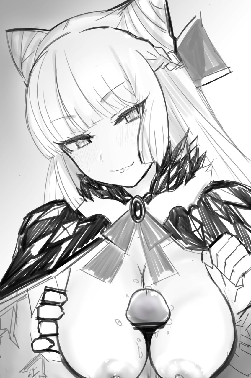 1boy braid cape cat_ears censored chaos_puss_in_boots_(grimms_notes) cum_on_breasts female grimms_notes hair_ribbon large_breasts long_hair looking_at_viewer monochrome pa64a paizuri penis pov sketch smile solo_focus upper_body