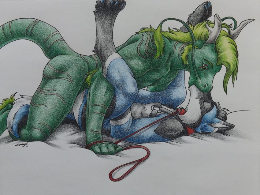 anal anal_sex canine closed_eyes collar dragon duo harness horn leash legs_up lying male mammal missionary_position nipples on_back penetration raised_tail romantic_couple sex simple_background sinistervibe stripes traditional_media_(artwork) wusky yaoi