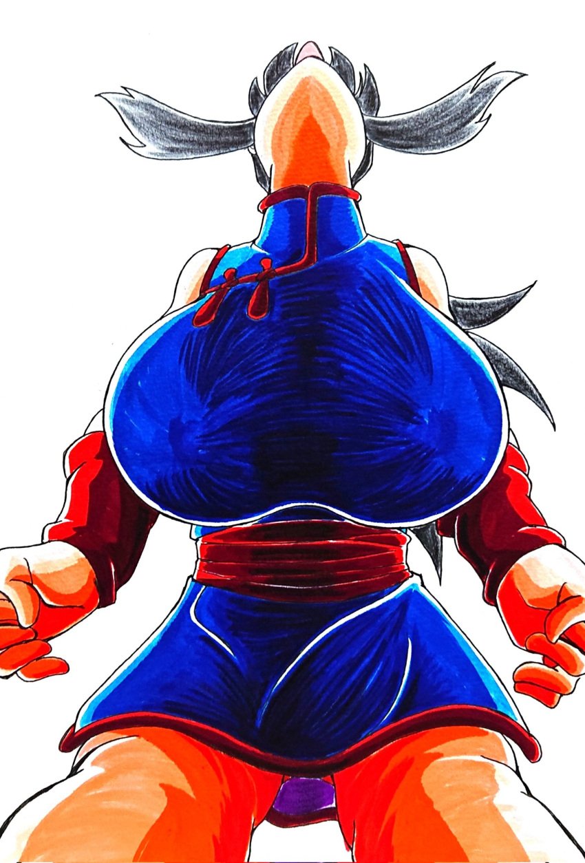 1girls area5169458561 bent_over big_breasts bottom_view chichi chinese_clothes closed_eyes dragon_ball dragon_ball_z female fully_clothed tongue_out traditional_media_(artwork)