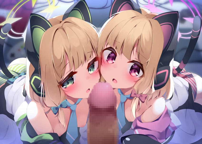 1boy 2girls :o animal_ear_headphones animal_ears ass bare_shoulders blonde_hair blue_archive blue_bow blue_eyes blue_necktie blush bow breasts cat_ear_headphones cat_ears cat_tail censored erection fake_animal_ears green_eyes green_halo green_stripes hairbow half-closed_eyes halo headphones heads_together highres jacket jacket_partially_removed leaning_forward looking_at_viewer medium_hair midori_(blue_archive) momoi_(blue_archive) mosaic_censoring multiple_girls necktie nipples no_pants off_shoulder open_mouth panties penis pink_bow pink_eyes pink_halo pink_stripes pov short_necktie sidelocks small_breasts striped_clothes striped_panties tail tail_raised thick_eyelashes underwear unowenf young