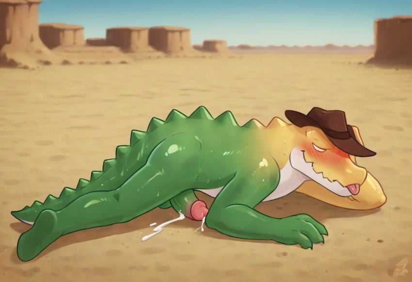 1boy ai_generated anthro blush cowboy crocodile crocodilian cum desert ejaculation environment erection gay gummigoo_(the_amazing_digital_circus) hat male male/male male_only muscular nude pecs penis reptile scalie selfcest smiling smirking solo toned