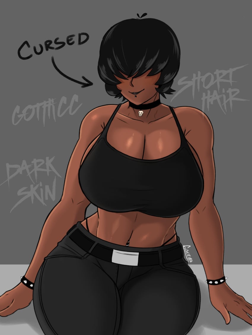 1girls 2d 2d_(artwork) big_breasts black_clothing black_hair black_hair_female breasts collar dark-skinned_female dark_skin escriba female female_focus female_only front_view goth goth_girl short_hair sitting smile smiling smiling_at_viewer solo solo_female solo_focus thick_thighs thighs