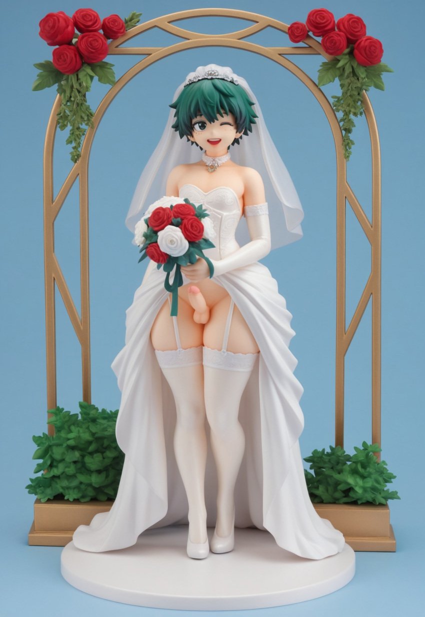 ai_generated cucumber_king femboy feminine feminine_male figure green_hair izuku_midoriya micropenis my_hero_academia plastic small_penis wedding_dress wink