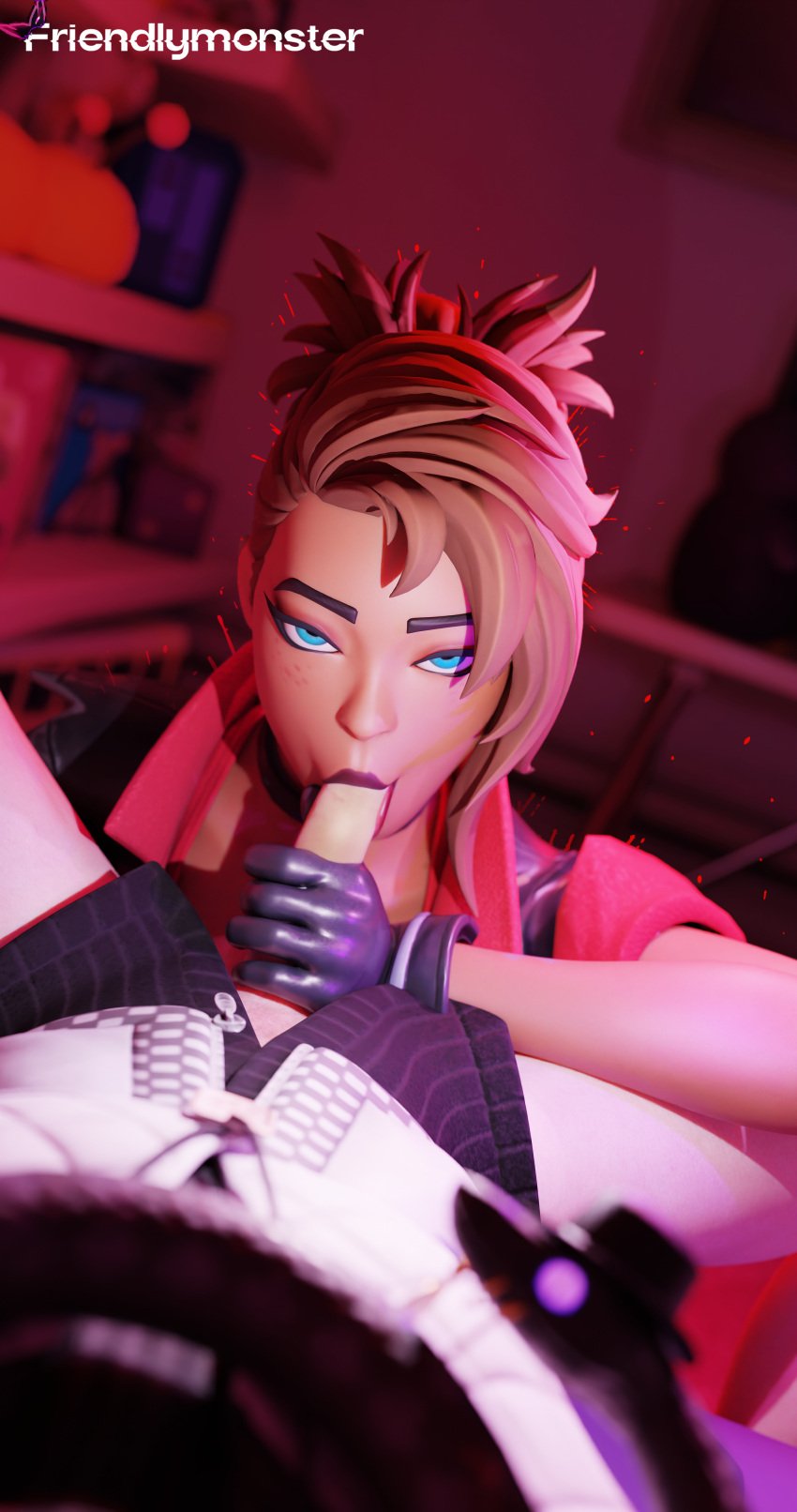 1boy 1girls 3d 3d_(artwork) blowjob blue_eyes brown_hair dark_skin dynamo_tntina_(fortnite) epic_games eyelashes fellatio fortnite friendlymonster half-closed_eyes handjob indoors light_skin lipstick night oral sex silas_hesk snake sucking watermark