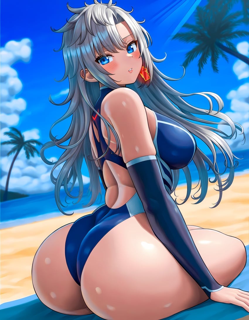 4k a_(xenoblade) ai_generated armwear beach beach_towel blue_eyes blue_swimsuit core_crystal core_crystal_(xenoblade) detached_sleeves high_resolution highres huge_ass huge_butt large_ass large_butt long_hair looking_at_viewer looking_back medium_breasts messy_hair monolith_soft nintendo one-piece_swimsuit palm_trees silver_hair single_earring sitting sunbeam swimsuit vermadis2x xenoblade_(series) xenoblade_chronicles_(series) xenoblade_chronicles_3 xenoblade_chronicles_3:_future_redeemed