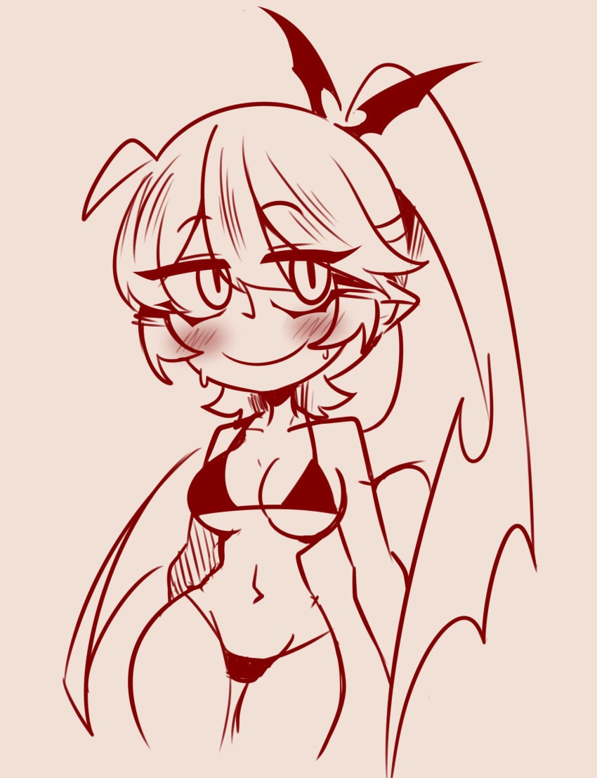 1girls bikini black_angel157 blush breasts cropped_legs funamusea large_breasts long_hair monochrome navel pointy_ears ponytail rawberry_preserves smug solo sweat the_gray_garden thighs wings