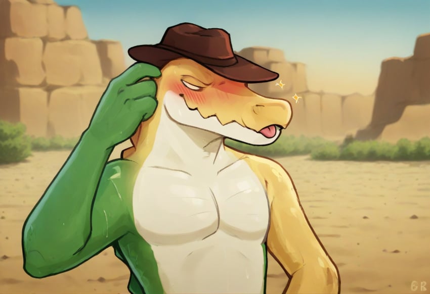 1boy amazing anthro blush body cowboy crocodile crocodilian desert_environment erection expression eyes gay green gummigoo_(the_amazing_digital_circus) hat hot looking male male/male mouth muscular nude only open pecs penetrated penetration penis reptile scalie selfcest sex smiling smirking toned viewer while white yellow_body