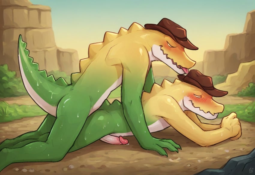 2boys ai_generated amazing anthro ass blush cowboy crocodile crocodilian desert environment erection gay gummigoo_(the_amazing_digital_circus) hat male male/male male_only multiple_boys muscular nude pecs penetrated penetration penis pussy reptile scalie selfcest sex smiling smirking tired toned