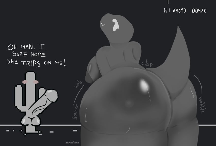 anthro anthrofied big_butt black_body dinosaur dinosaur_(google_chrome) dinosaur_girl dinosaur_humanoid dinosaur_tail furry google huge_ass shiny_ass shiny_butt text what zeraniumz