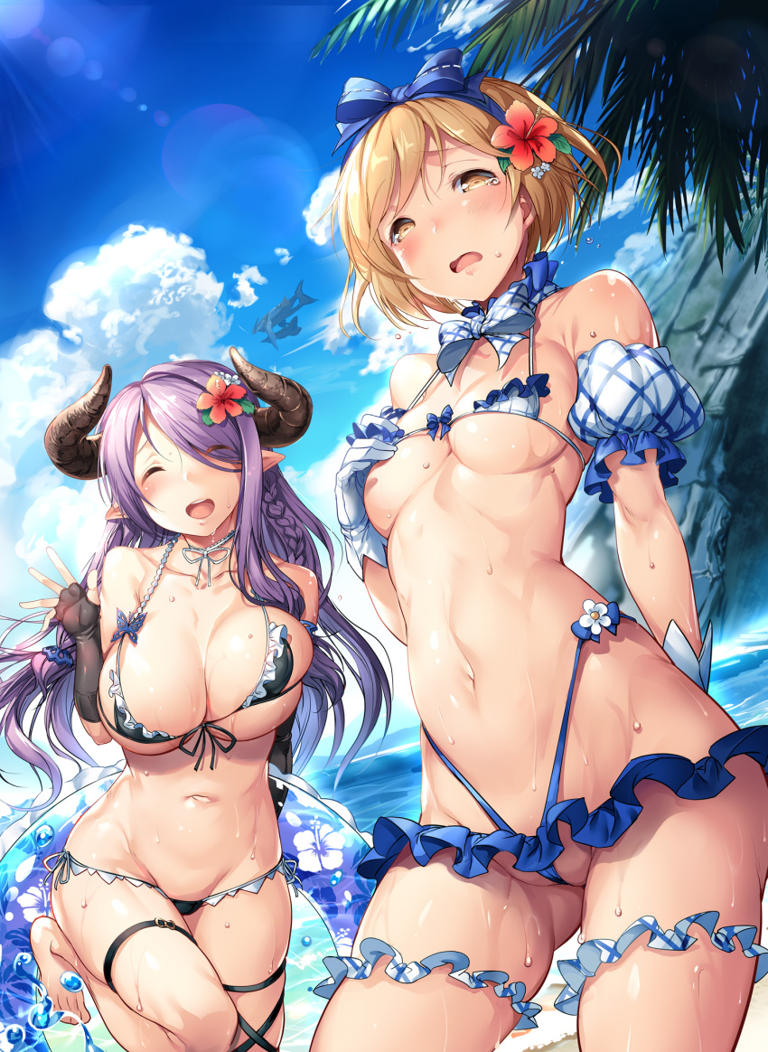 2girls ajishio bangs bare_shoulders beach bikini blonde_hair blush bouncing_breasts breast_grab breasts cleavage closed_eyes djeeta_(granblue_fantasy) gloves granblue_fantasy hair hair_ornament highres horns innertube large_breasts long_hair looking_at_viewer multiple_girls narmaya_(granblue_fantasy) open_mouth pointy_ears purple_hair ribbon short_hair skirt smile sweat tears wave wet