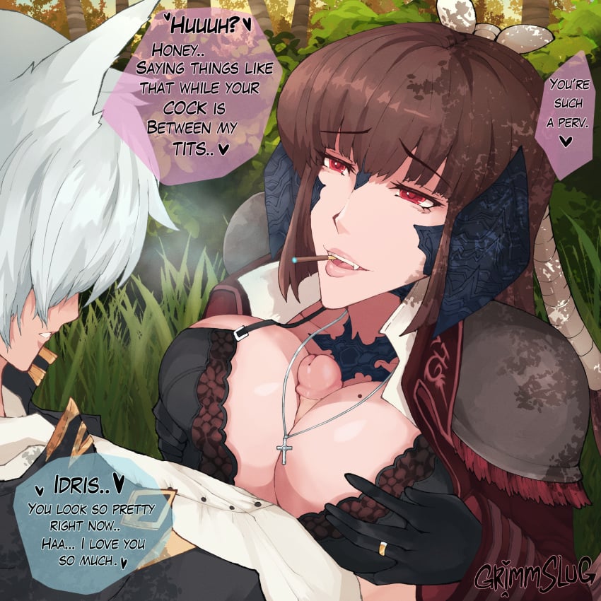 au_ra bra brown_hair catboy dialogue exhibitionism final_fantasy_xiv grimmslug miqo'te paizuri paizuri_lead_by_female paizuri_under_clothes red_eyes smoking text titjob