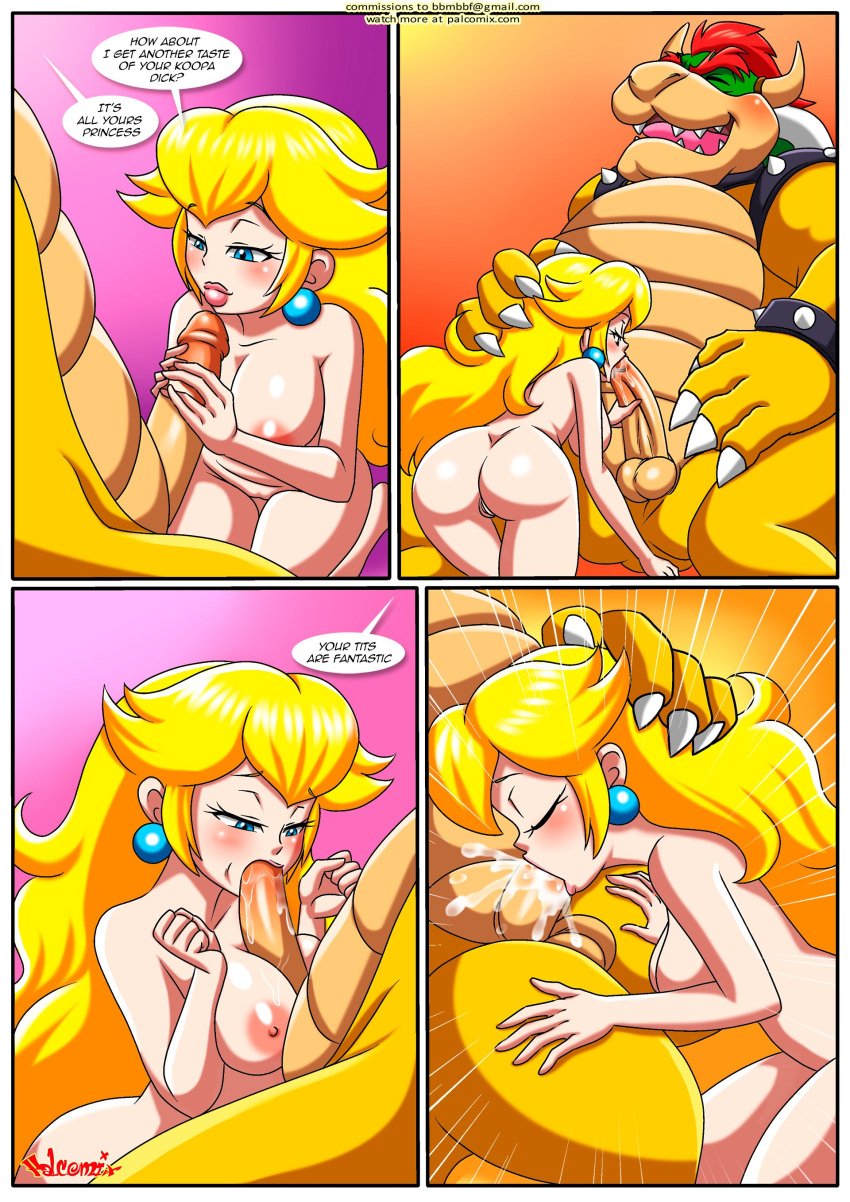 1boy 1girls ass balls bbmbbf blowjob blush bowser breasts comic cum cum_in_mouth cum_inside female male male/female mario_(series) nintendo nipples nude oral oral_sex paizuri palcomix penis princess_peach pussy sex the_mushroom_kingdom_secret_(comic) titjob