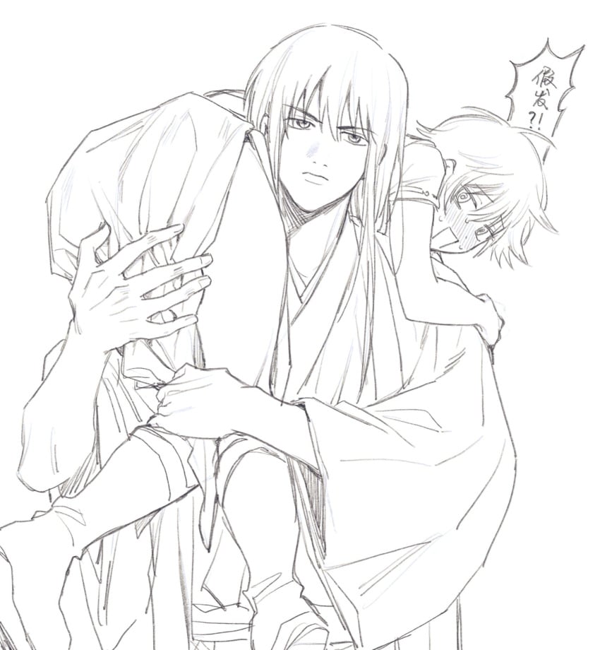 1boy 1girls ass blush canon_genderswap carrying carrying_over_shoulder embarrassed female fully_clothed genderswap_(mtf) ginko_sakata gintama gintoki_sakata katsura_kotarou kimono llemonyyyy long_hair_male looking_back male monochrome rule_63 short_hair sketch spiral_eyes sweat thighs