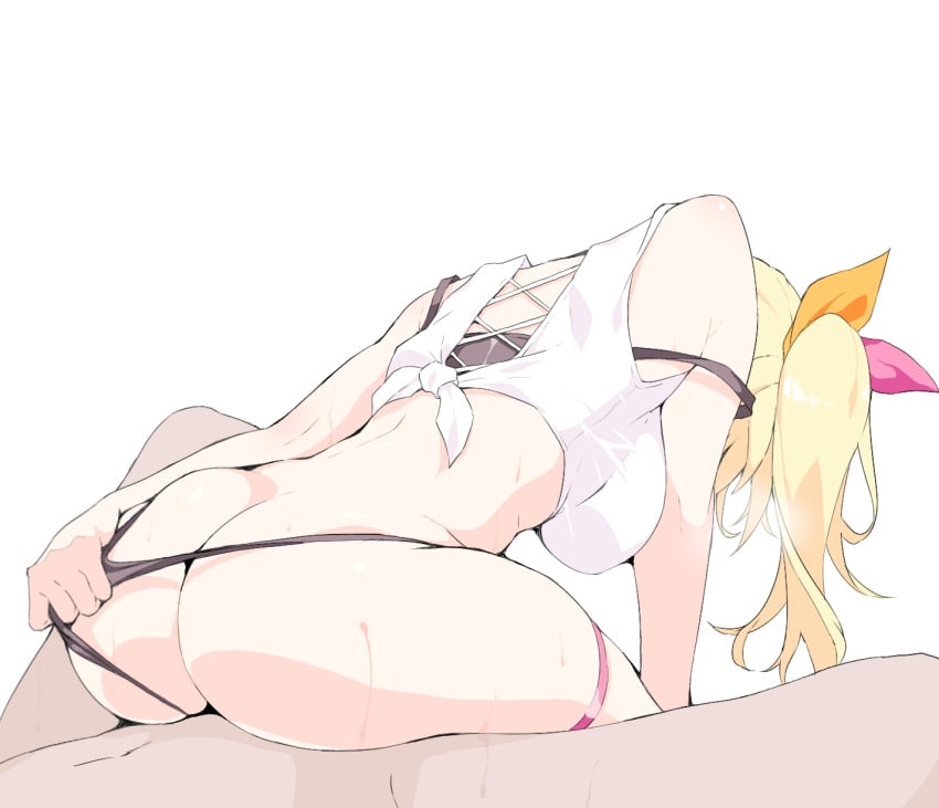 1boy ass blonde_hair breasts commentary_request cowgirl_position female hair_ribbon highres hoshikawa_sara hoshikawa_sara_(1st_costume) large_breasts nijisanji ohako partial_commentary reverse_cowgirl_position ribbon shirt simple_background solo_focus straddling straight sweat thigh_strap tied_shirt virtual_youtuber white_background white_shirt