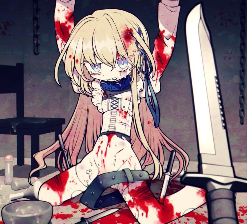 1girls blonde_hair blood chains crying flat_chest funamusea_(artist) funmusea gore guro knife official_art original ripped_clothing stabbed tied_up