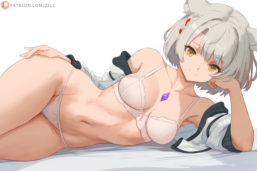 1girls barefoot bra cat_ears catgirl core_crystal female female_only highres hourglass_figure jacket looking_at_viewer midriff mio_(xenoblade) monolith_soft navel nintendo panties short_hair silver_hair smile thick_thighs thighs white_bra white_jacket white_panties wide_hips xenoblade_(series) xenoblade_chronicles_3 yellow_eyes zelc-face