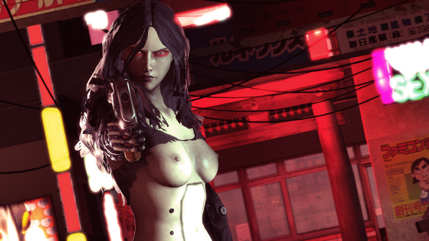 cyberpunk glory_(shadowrun:_dragonfall) gun looking_at_viewer shadowrun shadowrun:_dragonfall source_filmmaker thevityaz topless