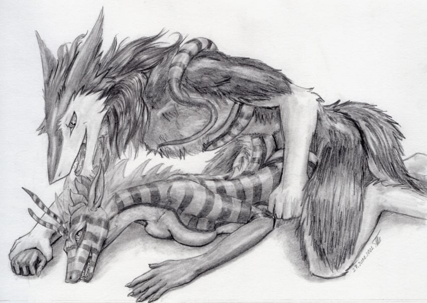 anthro b12.7x108 breast_squish breasts dragon duo female from_behind_position kneeling lying male male/female mythological_creature mythological_scalie mythology on_front open_mouth open_smile penetration scalie sergal sex side_view smile squish