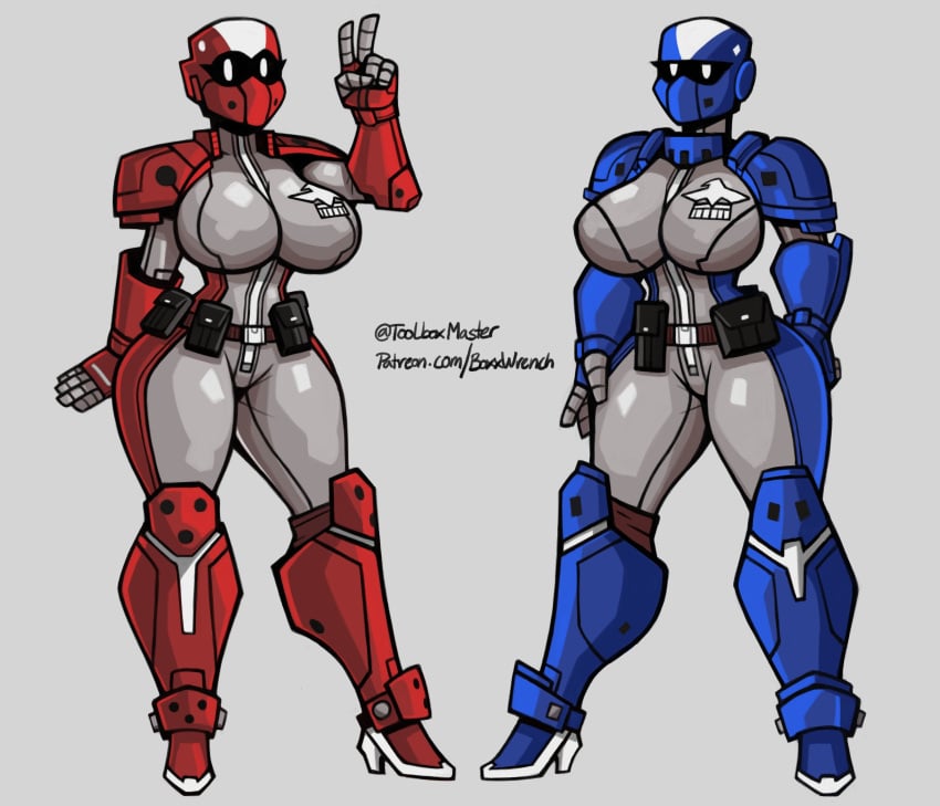 2girls armor armored_female big_breasts boxx_wrench captain_sapphire captain_scarlet_(boxx_wrench) character_sheet color colored digital_drawing_(artwork) english_text grey_background heels helmet highres original original_character original_characters peace_sign power_armor sfw simple_background standing text