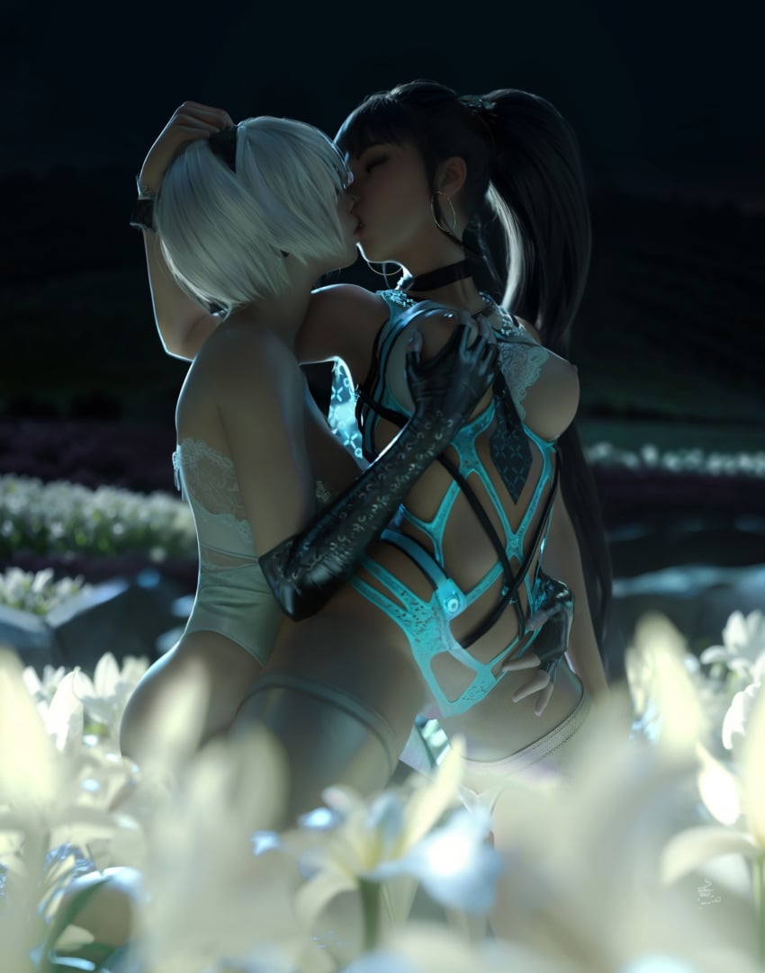 2girls 3d arm_around_head arm_around_waist crossover eve_(stellar_blade) hand_on_breast hand_on_head kissing lilies lingerie nier:_automata night outdoors partially_clothed stellar_blade tagme tagme_(artist) yorha_2b yuri