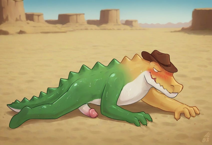 1boy ai_generated anthro blush cowboy crocodile crocodilian desert environment erection gay gummigoo_(the_amazing_digital_circus) hat male male/male male_only muscular nude pecs penis reptile scalie selfcest smiling smirking solo toned