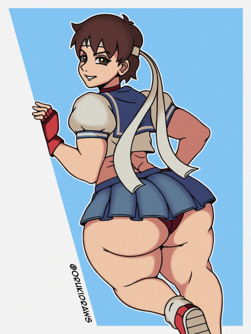 1girls back_view big_ass brown_eyes brown_hair clothed clothed_female female female_only headband headwear looking_back miniskirt orukidraws sakura_kasugano school_uniform short_hair skirt street_fighter tomboy