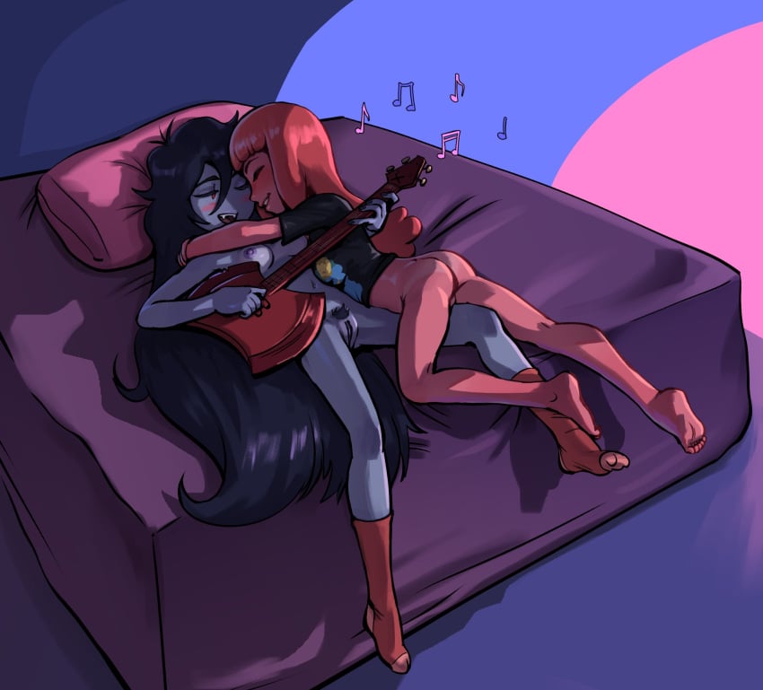 2024 2girls adventure_time ass bed black_hair blush breasts canon_couple cartoon_network cuddling fangs feet female female_focus female_only gray_body grey_body grey_skin grey_skin guitar hugging laying_down long_hair lying_on_back marceline marceline_abadeer musical_note nipples pears_(artist) pink_body pink_hair pink_skin princess_bubblegum pubic_hair pussy shirt shirt_only socks socks_only vampire vampire_girl