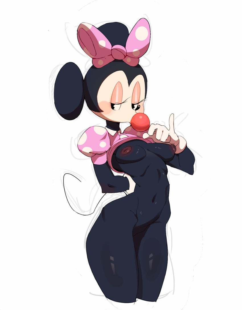 2024 black_body black_eyes black_fur blowing_bubblegum bow bow_in_hair breasts bubblegum disney female female_focus female_only flashing flashing_breasts furry gloves huhujujuy looking_away minnie_mouse mouse nipples rodent shirt shirt_lift thighs white_background wide_hips