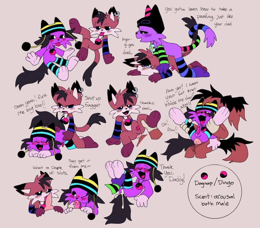 anthro anthro_on_anthro anthro_only canine critters_(poppy_playtime) dialogue domestic_cat english_text feline furry_only hi_res mob_entertainment no_humans oc ocs pachi_rizuu poppy_playtime poppy_playtime_(chapter_3) purple_fur purple_skin red_body red_fur red_skin sex skullnap_(pachi_rizuu) smiling_critters tagme tail text