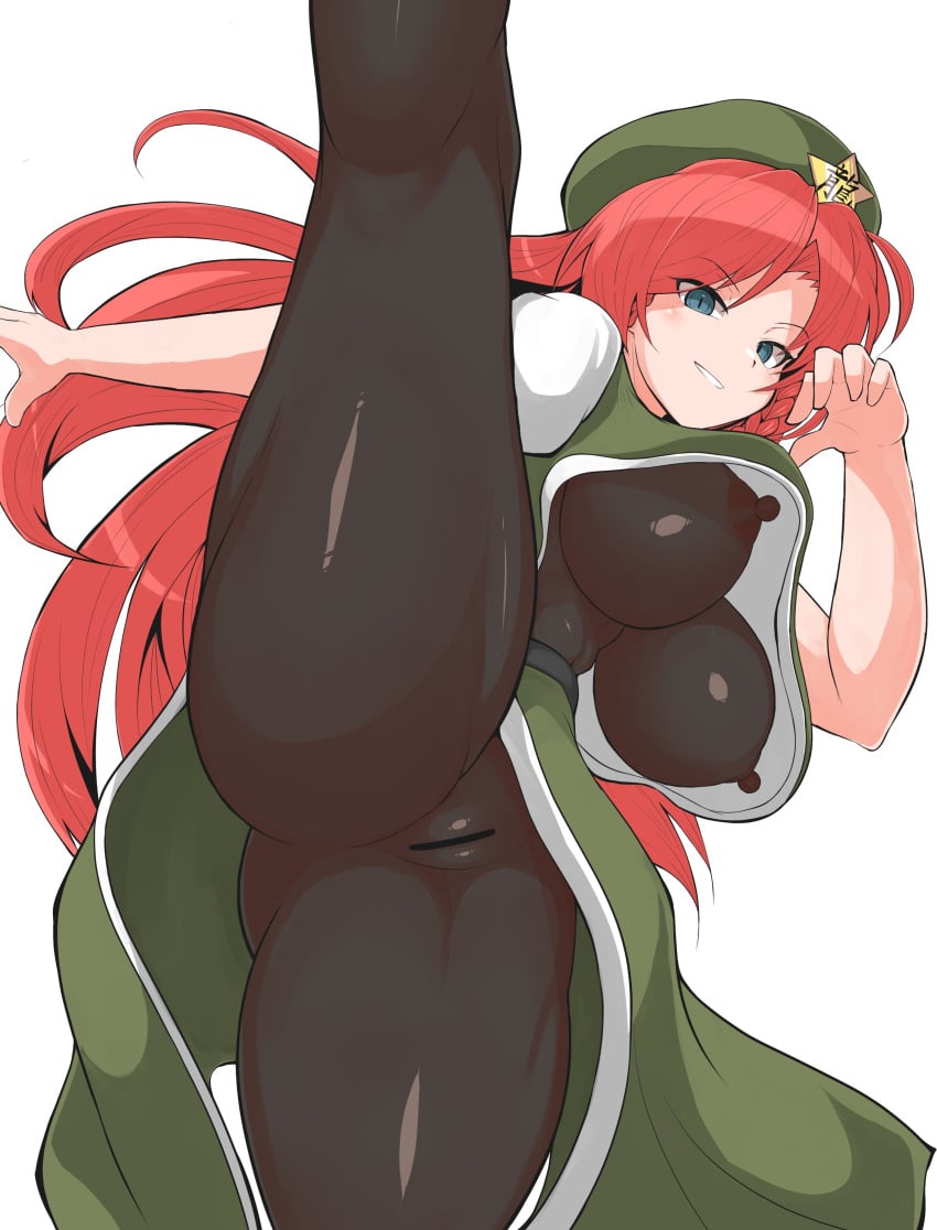 absurdres bar_censor beret black_bodysuit blue_eyes bodysuit breasts censored commentary_request covered_nipples cowboy_shot female fighting_stance green_hat green_skirt green_vest hat hat_ornament highres hong_meiling large_breasts light_blush long_hair looking_at_viewer parted_lips pussy red_hair rnt_(251139) shiny_clothes shirt skin_tight skirt solo split standing standing_on_one_leg standing_split star_(symbol) star_hat_ornament teeth touhou very_long_hair vest white_background white_shirt