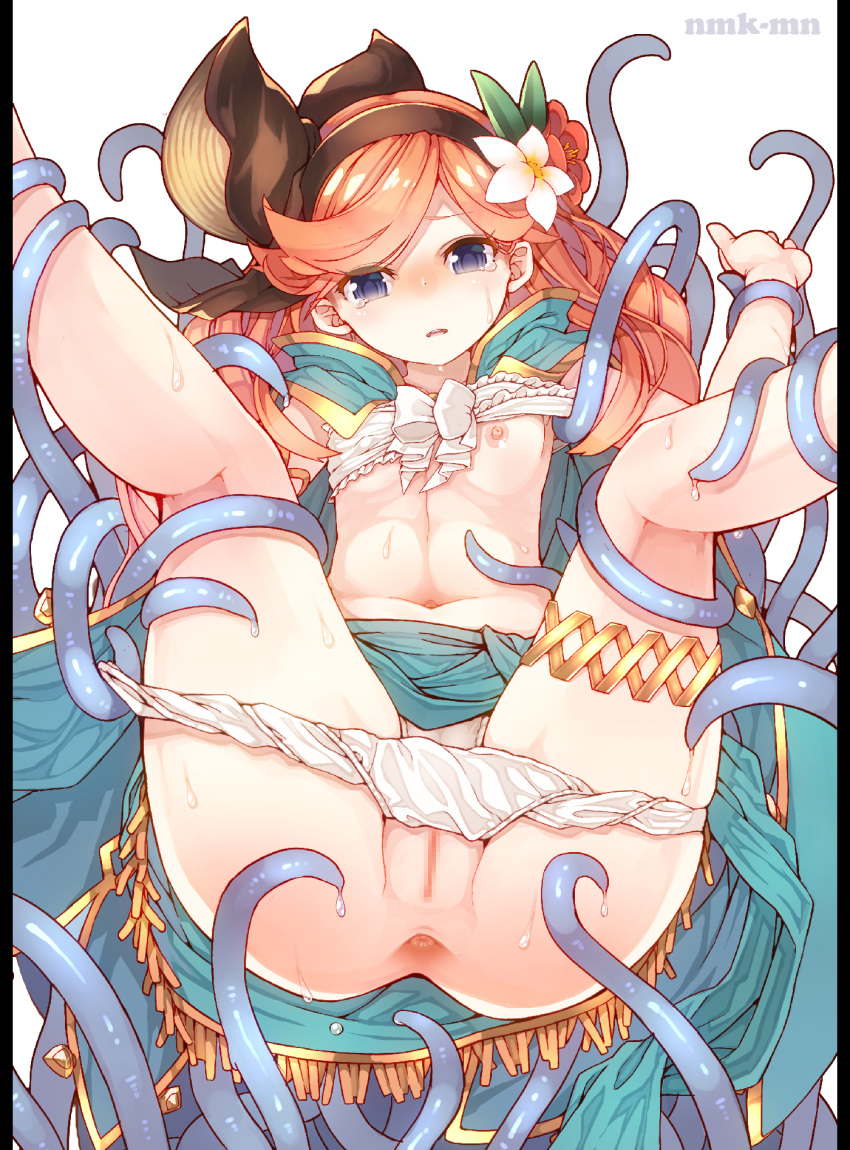 anus blue_eyes breasts censored female flower granblue_fantasy hair_flower hair_ornament hairband highres leg_garter long_hair mosaic_censoring namake navel nipples orange_hair panties panty_pull pillarboxed pussy sara_(granblue_fantasy) simple_background solo spread_anus tears tentacle underwear white_background white_panties