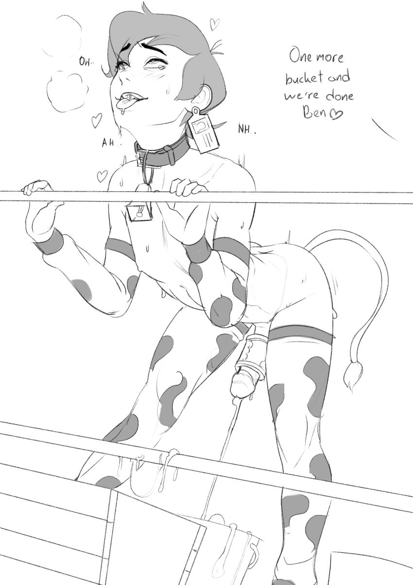 1boy ahe_gao androgynous ben_10 ben_tennyson boy_cow cartoon_network collar cow_accoutrements cow_boy cow_print cow_tail crossdressing cum cum_in_bucket cum_in_container cum_milking cumshot ejaculation elbow_gloves erection femboy fucked_silly girly gloves john_doe male male_only malesub monochrome naked_gloves naked_stockings open_mouth penis penis_milking sex_toy solo solo_male stockings text thighhighs tongue tongue_out trap