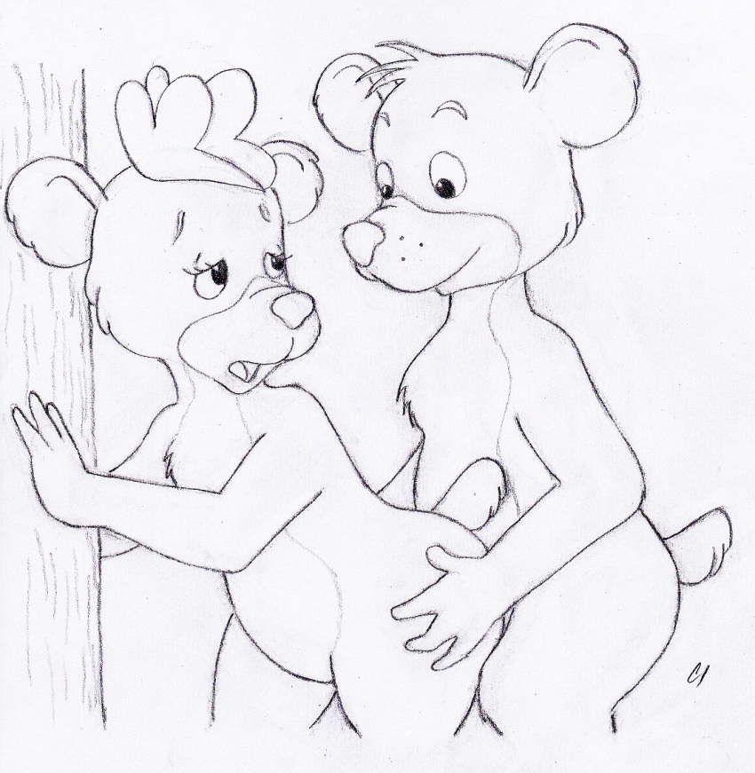 anthro bear bongo_(fun_and_fancy_free) disney female from_behind_position fun_and_fancy_free fur hair half-closed_eyes hat headgear hip_grab lulubelle male mammal monochrome open_mouth rough_sketch sex sketch smile standing straight tree unknown_artist