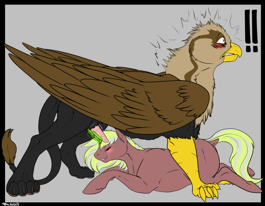 avian backlash91 blush equine erection female feral friendship_is_magic gryphon horse magic male mammal masturbation my_little_pony penis pony simple_background startled