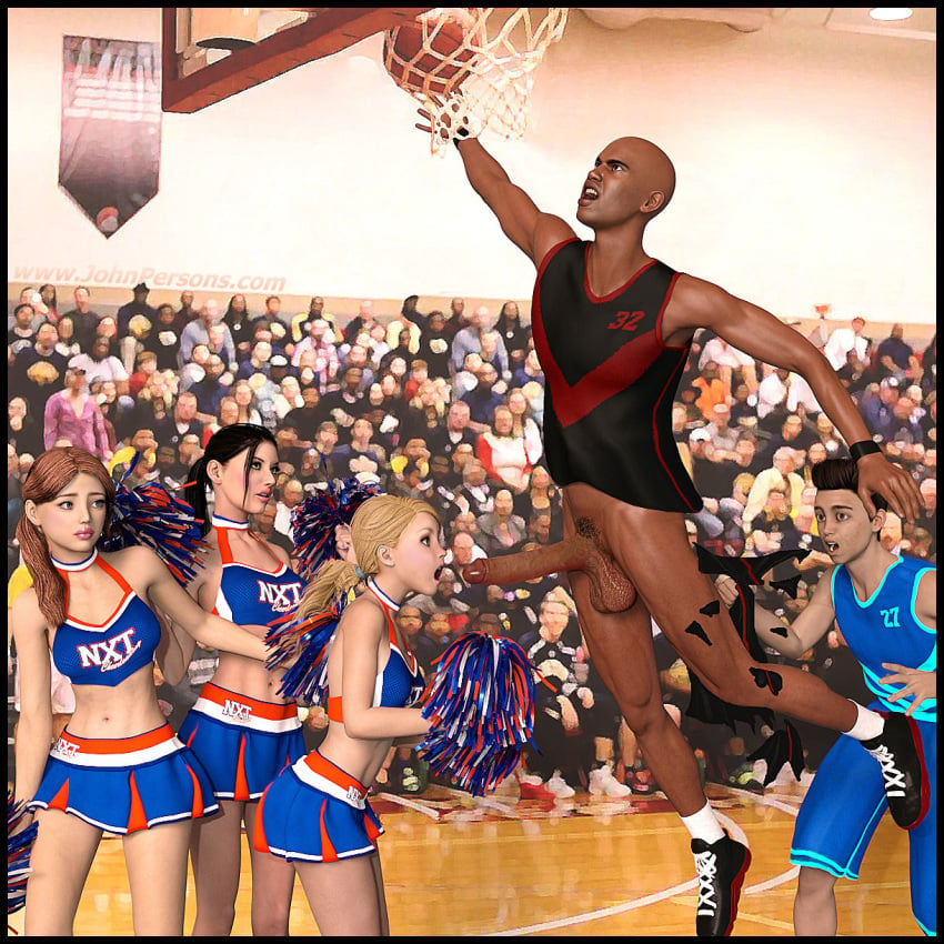 2boys 3d 3girls accidental_exposure accidental_fellatio audience bald bald_male bald_man bare_arms bare_shoulders basketball basketball_(ball) basketball_court basketball_player basketball_uniform big_penis black_footwear black_hair black_sneakers blonde_hair blue_crop_top blue_skirt blurred_background blurry_background bottomless_male brown_hair cheerleader cheerleader_costume cheerleader_outfit cheerleader_uniform cheerleaders clothed_female_nude_male clothed_male_nude_male crop_top dark-skinned_male dark_skin darklord erect_penis erection height_difference hetero imminent_fellatio imminent_oral interracial john_persons jumping large_penis legs_together looking_at_another's_penis looking_at_penis midriff miniskirt narrow_waist navel open_mouth photo_background pleated_skirt pom_pom_(cheerleading) pom_poms ponytail shaved_head skinny_female small_breasts sneakers tank_top toned toned_belly toned_female toned_stomach torn_shorts uncensored veiny_penis white_socks